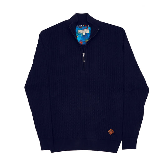 Men's 100% Cotton Navy Cable Knit Quarter-Zip Jumper