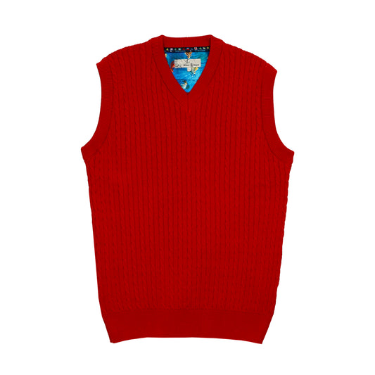 Men's 100% Cotton Red Cable Knit Slipover | Classic Fit Sleeveless V Neck Jumper