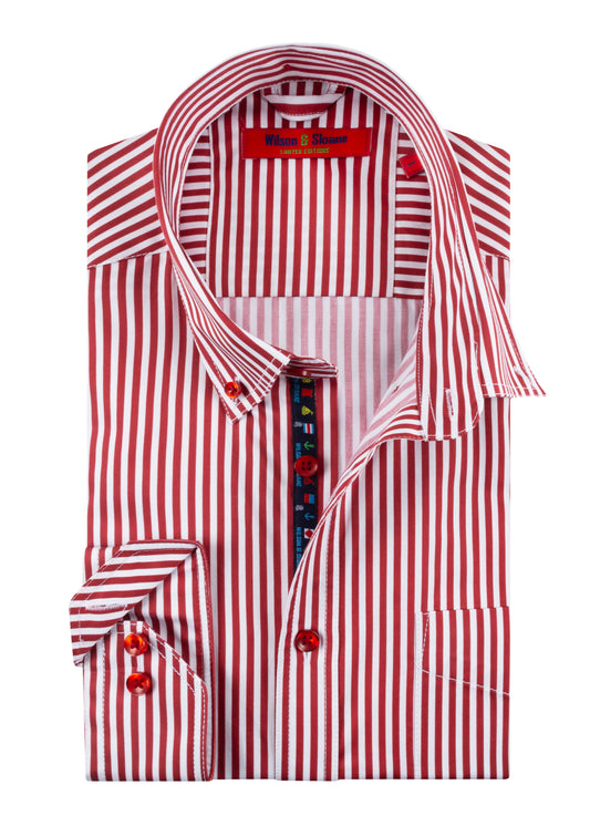 Men's Long Sleeve Red and White Bengal Stripe Shirt with Front Pocket