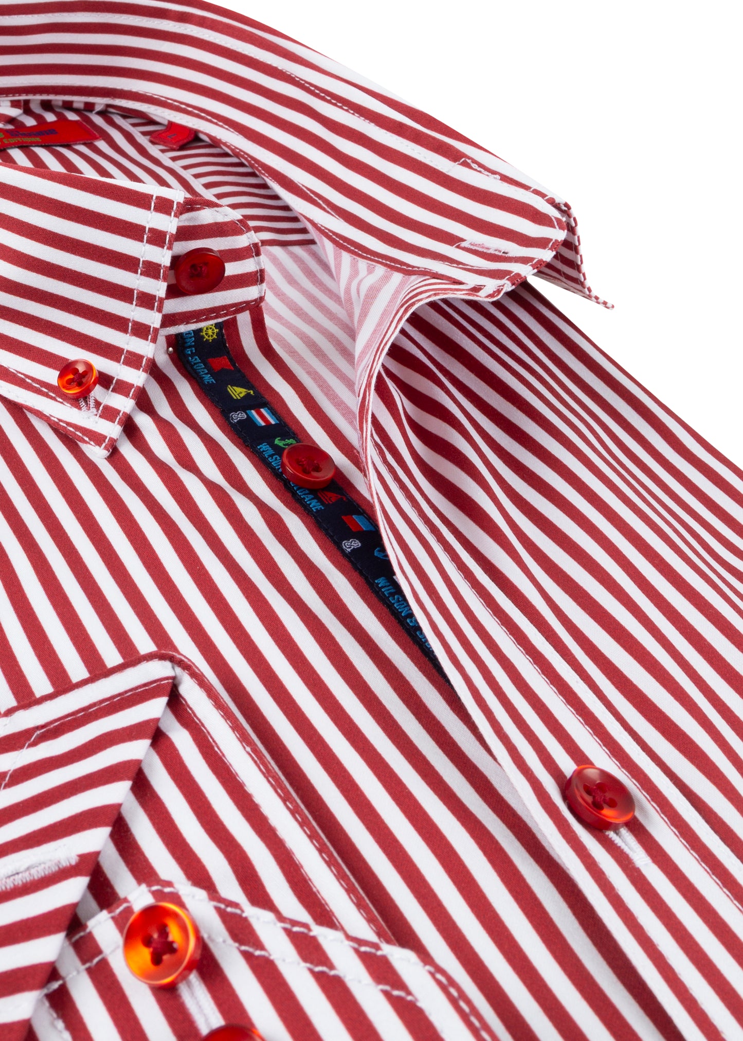 Men's Long Sleeve Red and White Bengal Stripe Shirt with Front Pocket