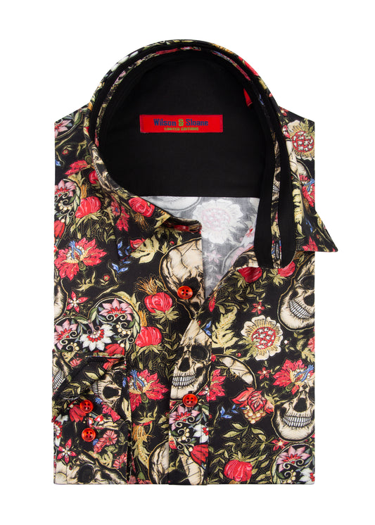 Mens Skull Dress Shirt | Black Floral Skull Print