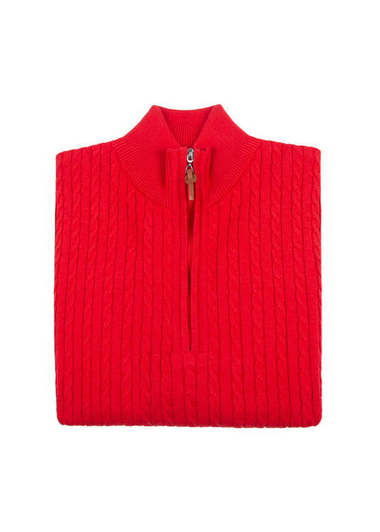 Men's 100% Cotton Red Cable Knit Quarter-Zip Jumper
