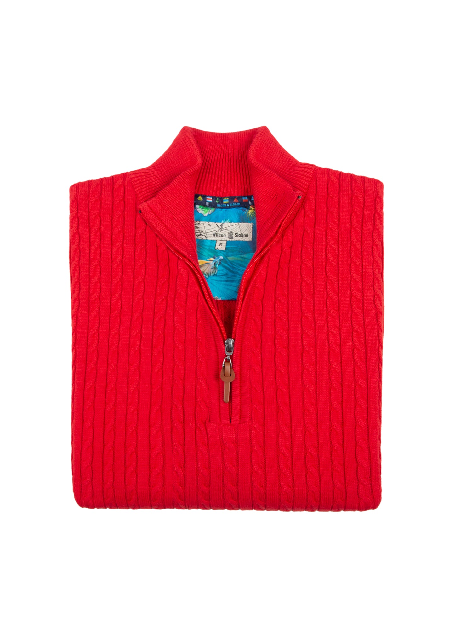 Men's 100% Cotton Red Cable Knit Quarter-Zip Jumper
