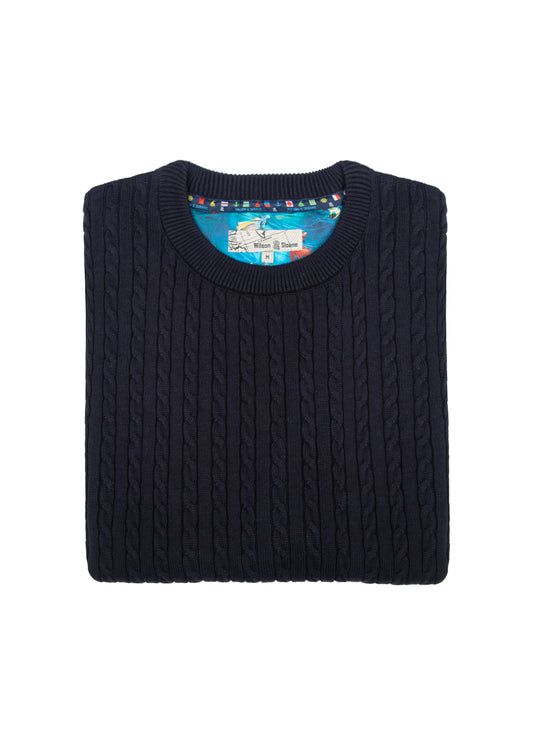 Men's 100% Cotton Navy Cable Knit Crew Neck Jumper