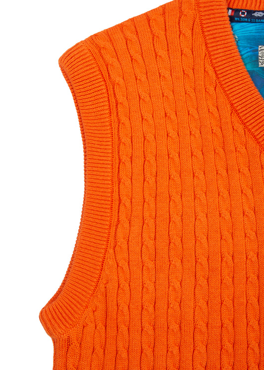 Men's 100% Cotton Orange Cable Knit Slipover | Classic Fit Sleeveless V Neck Jumper