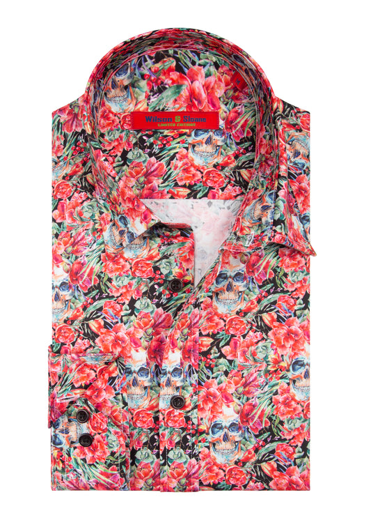 Mens Skull Dress Shirt | Red Floral Skull Print