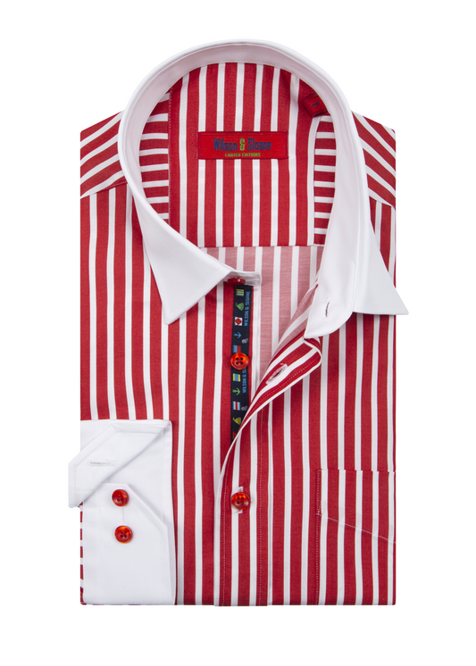Men's Long Sleeve Red and White Thick Bengal Stripe Shirt with White Collars and Cuffs