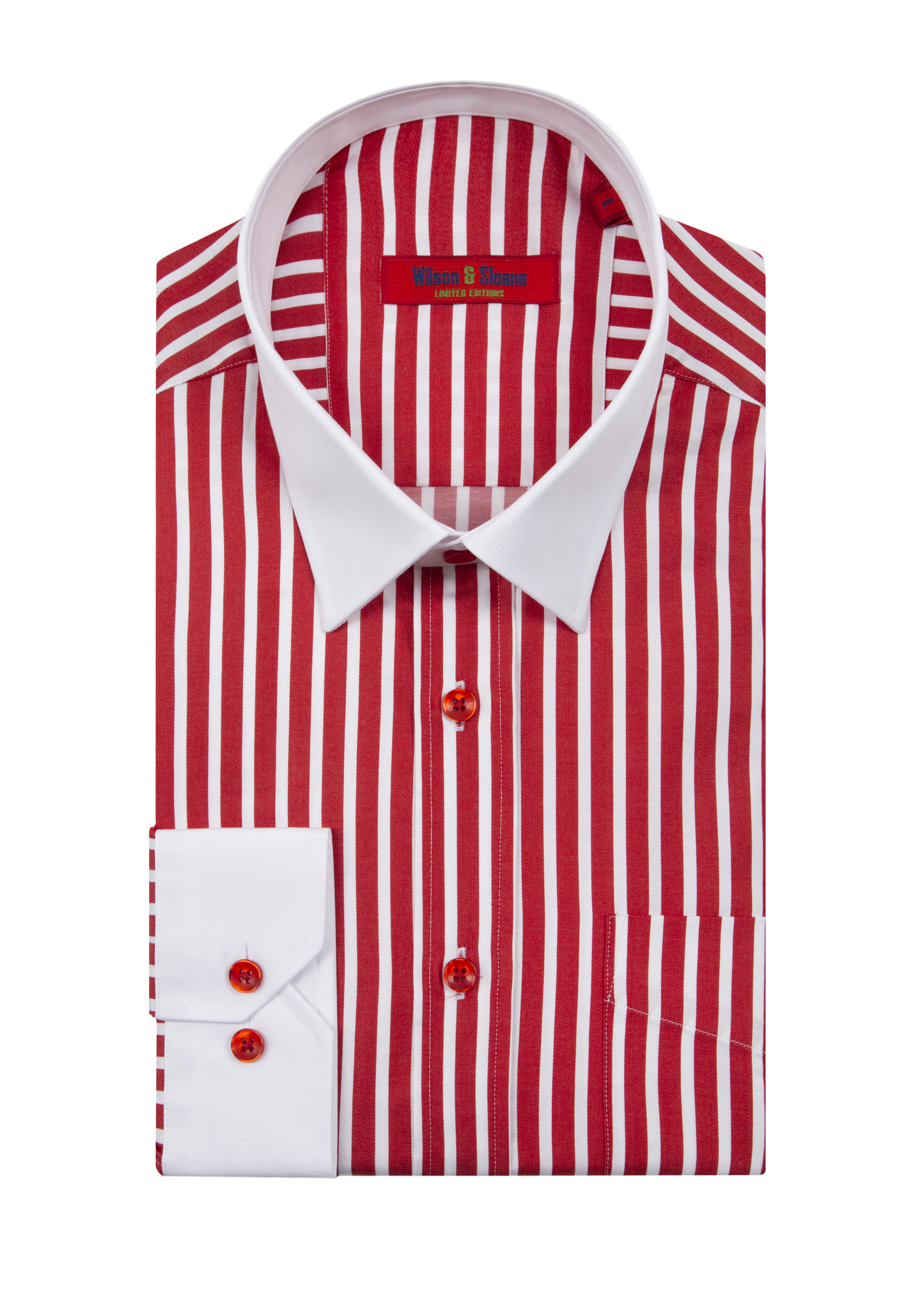 Men's Long Sleeve Red and White Thick Bengal Stripe Shirt with White Collars and Cuffs