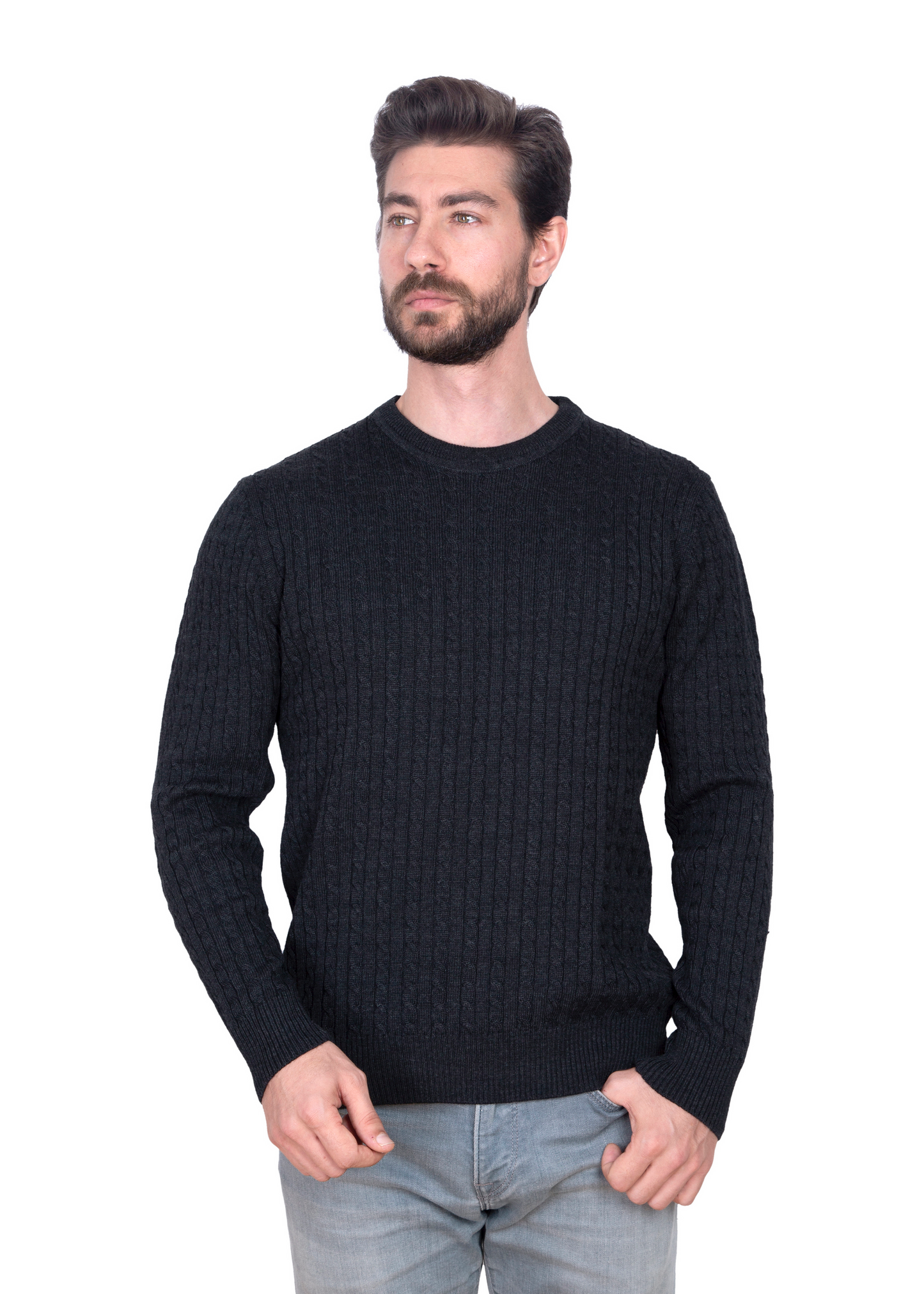 Men's Charcoal Mildura Wool Cable Knit Crew Neck Jumper