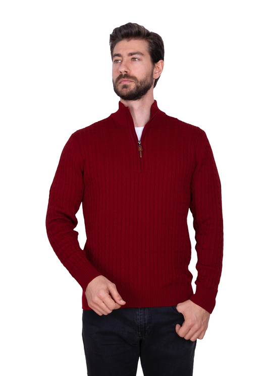 Men's Claret Red Mildura Wool Cable Knit Quarter-Zip Jumper
