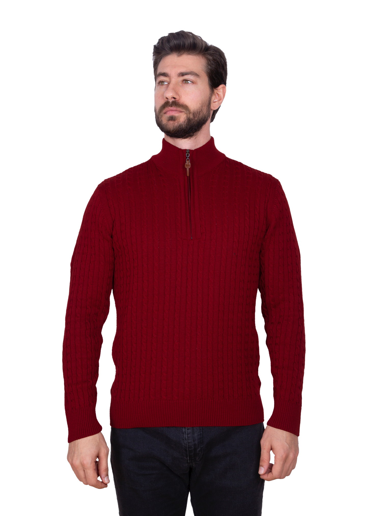 Men's Claret Red Mildura Wool Cable Knit Quarter-Zip Jumper