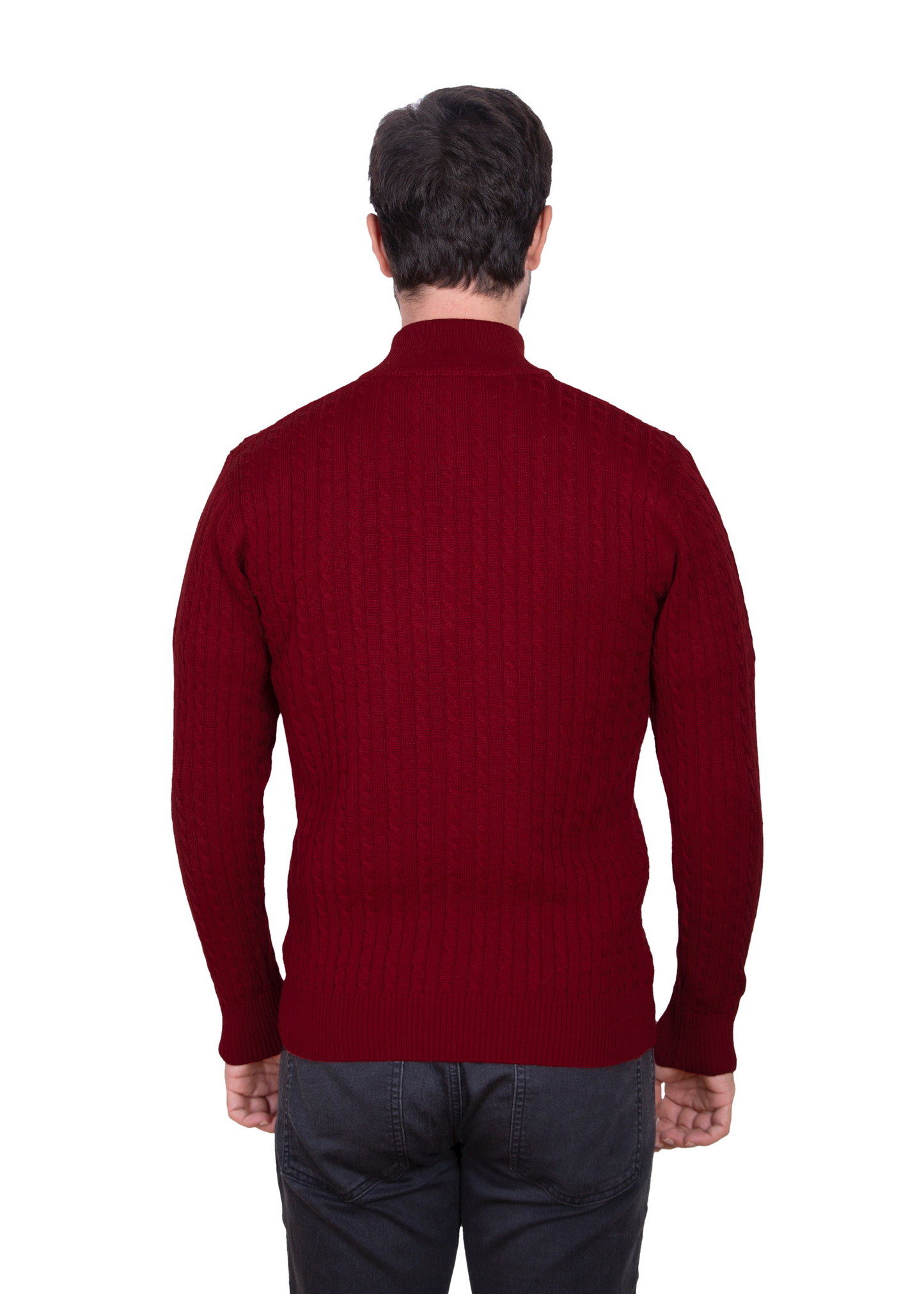 Men's Claret Red Mildura Wool Cable Knit Quarter-Zip Jumper