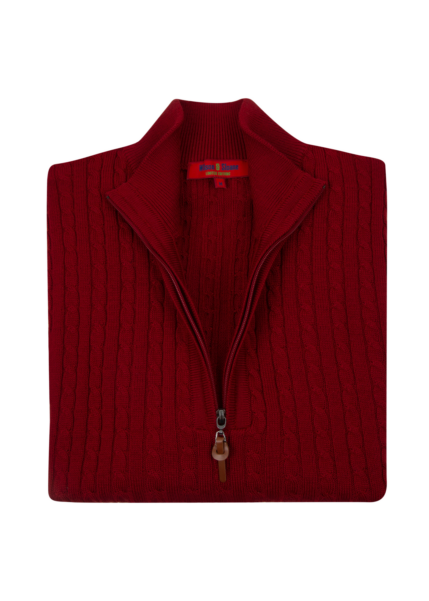 Men's Claret Red Mildura Wool Cable Knit Quarter-Zip Jumper