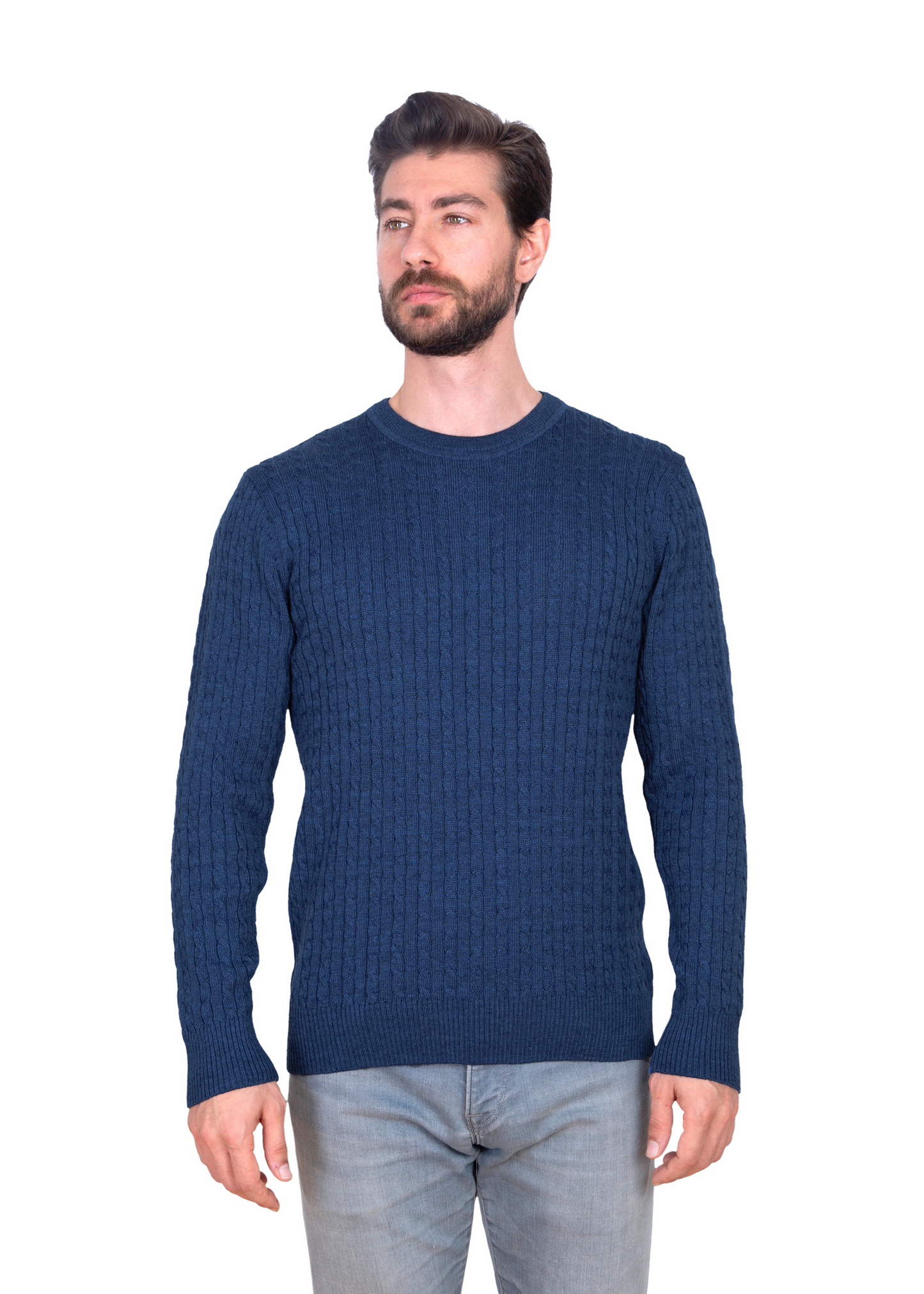 Men's Indigo Mildura Wool Cable Knit Crew Neck Jumper