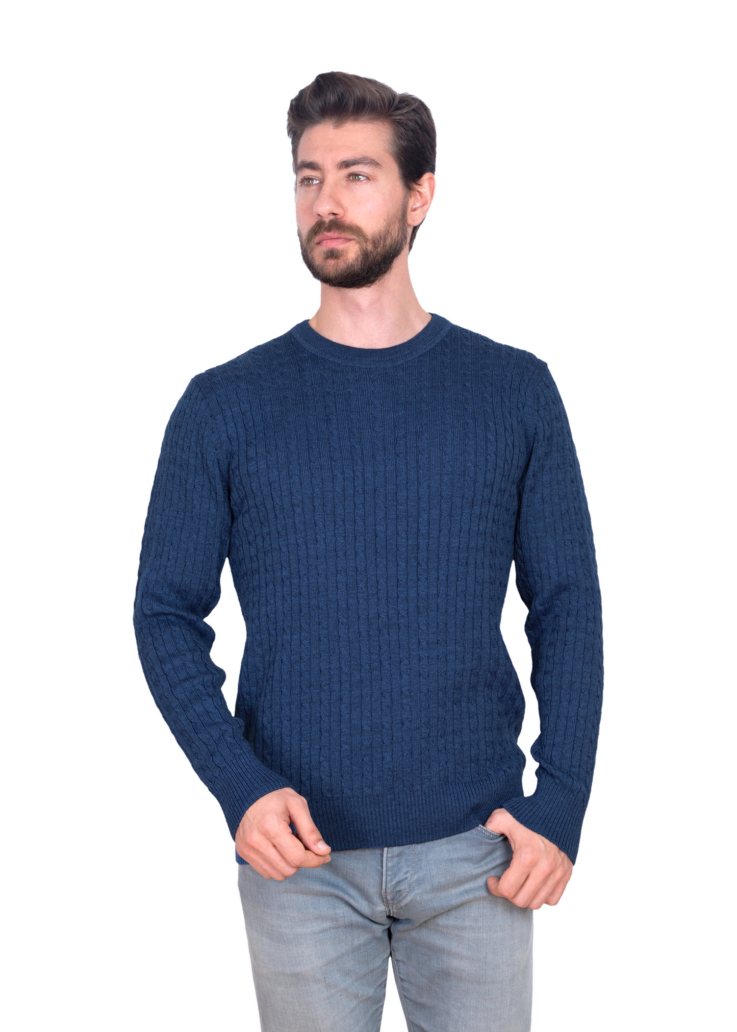 Men's Indigo Mildura Wool Cable Knit Crew Neck Jumper