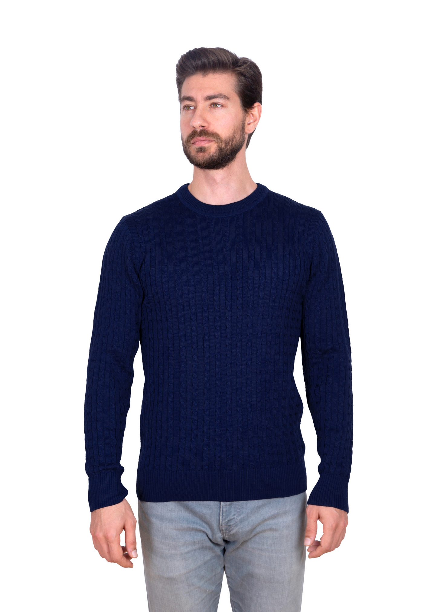 Men's Ink Blue Mildura Wool Cable Knit Crew Neck Jumper