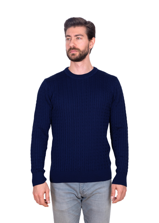 Men's Ink Blue Mildura Wool Cable Knit Crew Neck Jumper