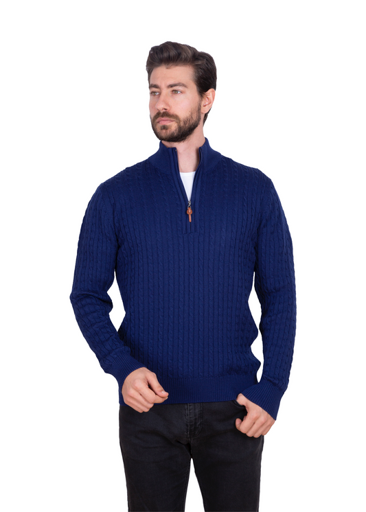 Men's Ink Blue Mildura Wool Cable Knit Quarter-Zip Jumper