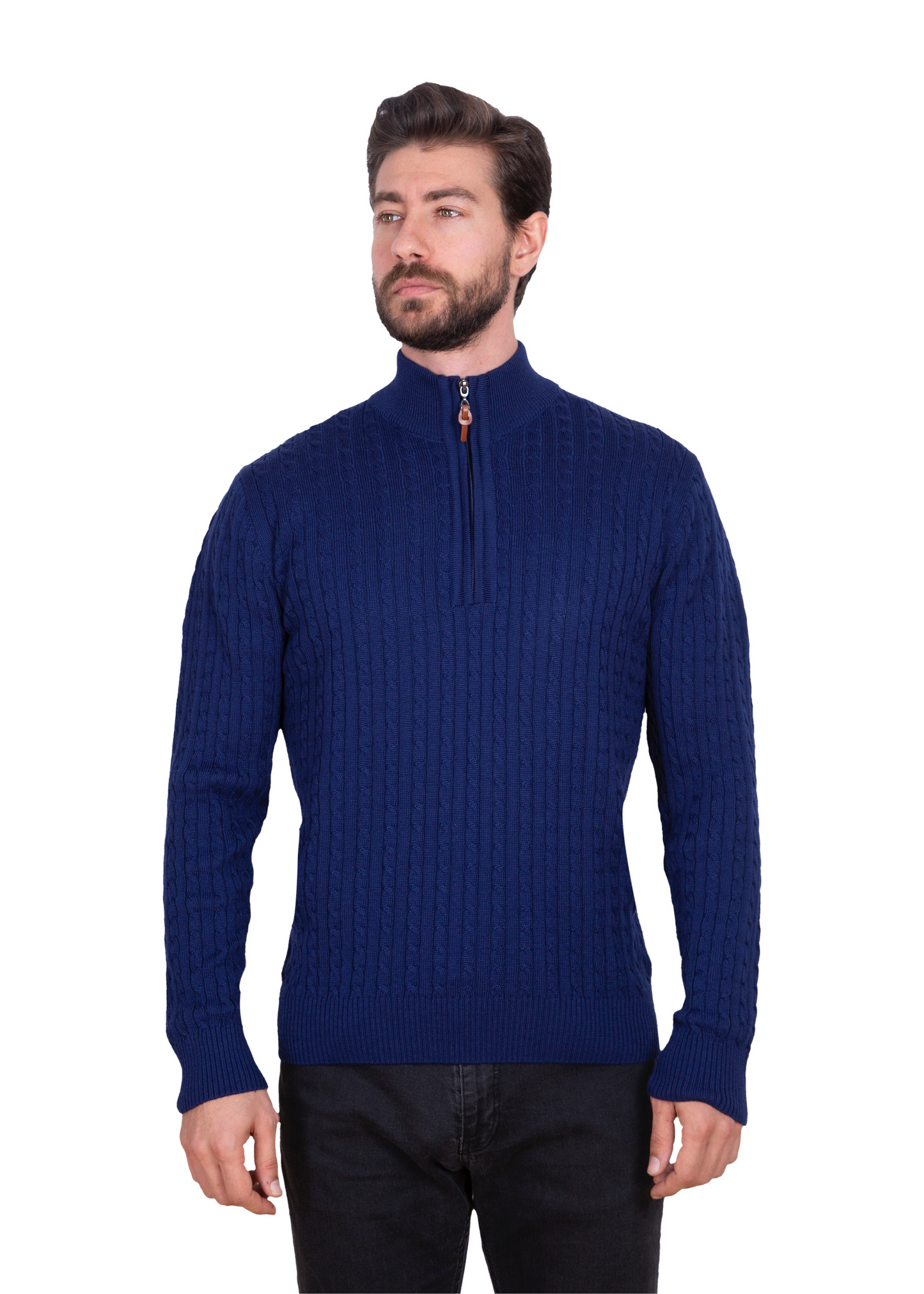 Men's Ink Blue Mildura Wool Cable Knit Quarter-Zip Jumper