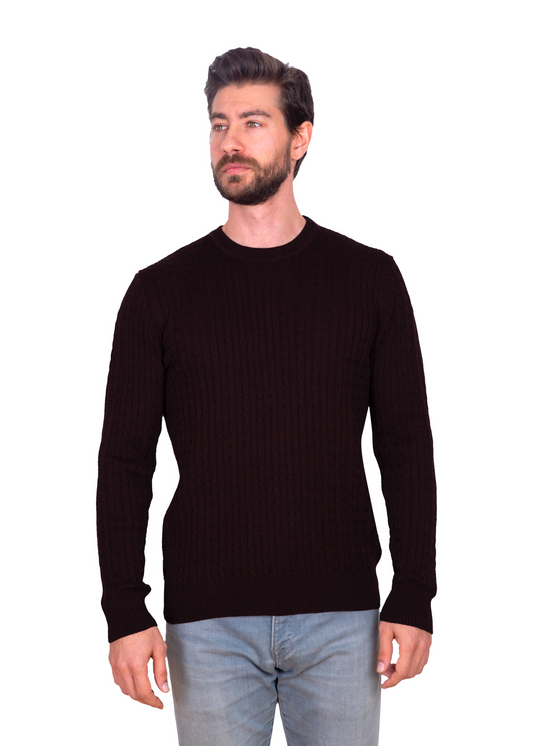 Men's Maroon Brown Mildura Wool Cable Knit Crew Neck Jumper