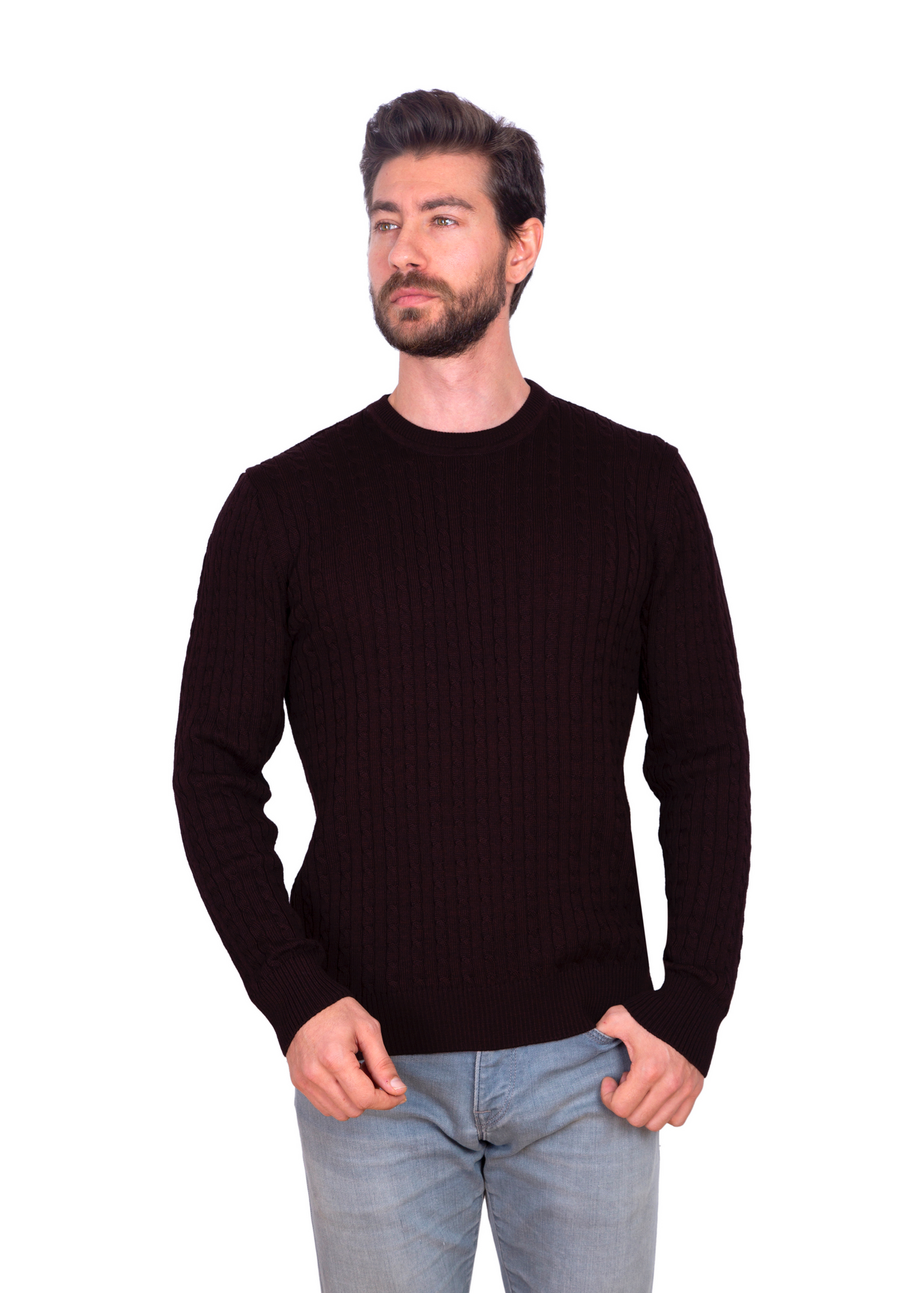 Men's Maroon Brown Mildura Wool Cable Knit Crew Neck Jumper
