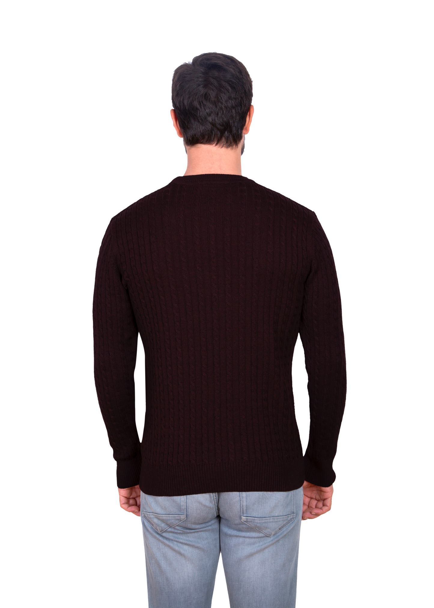 Men's Maroon Brown Mildura Wool Cable Knit Crew Neck Jumper