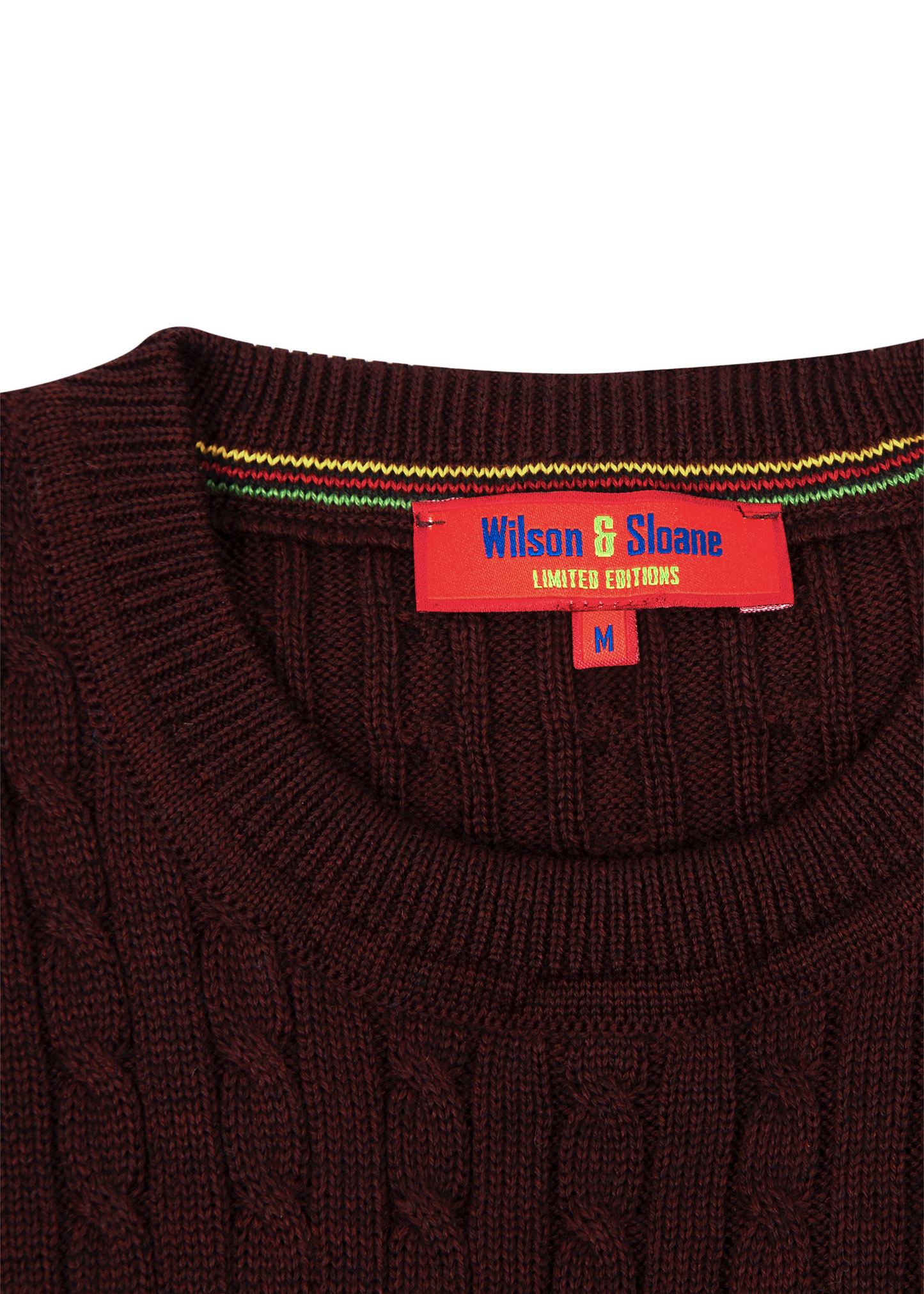 Men's Maroon Brown Mildura Wool Cable Knit Crew Neck Jumper