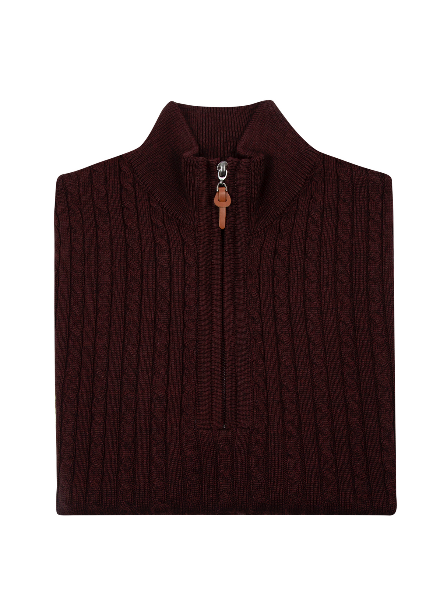 Men's Maroon Brown Mildura Wool Cable Knit Quarter-Zip Jumper