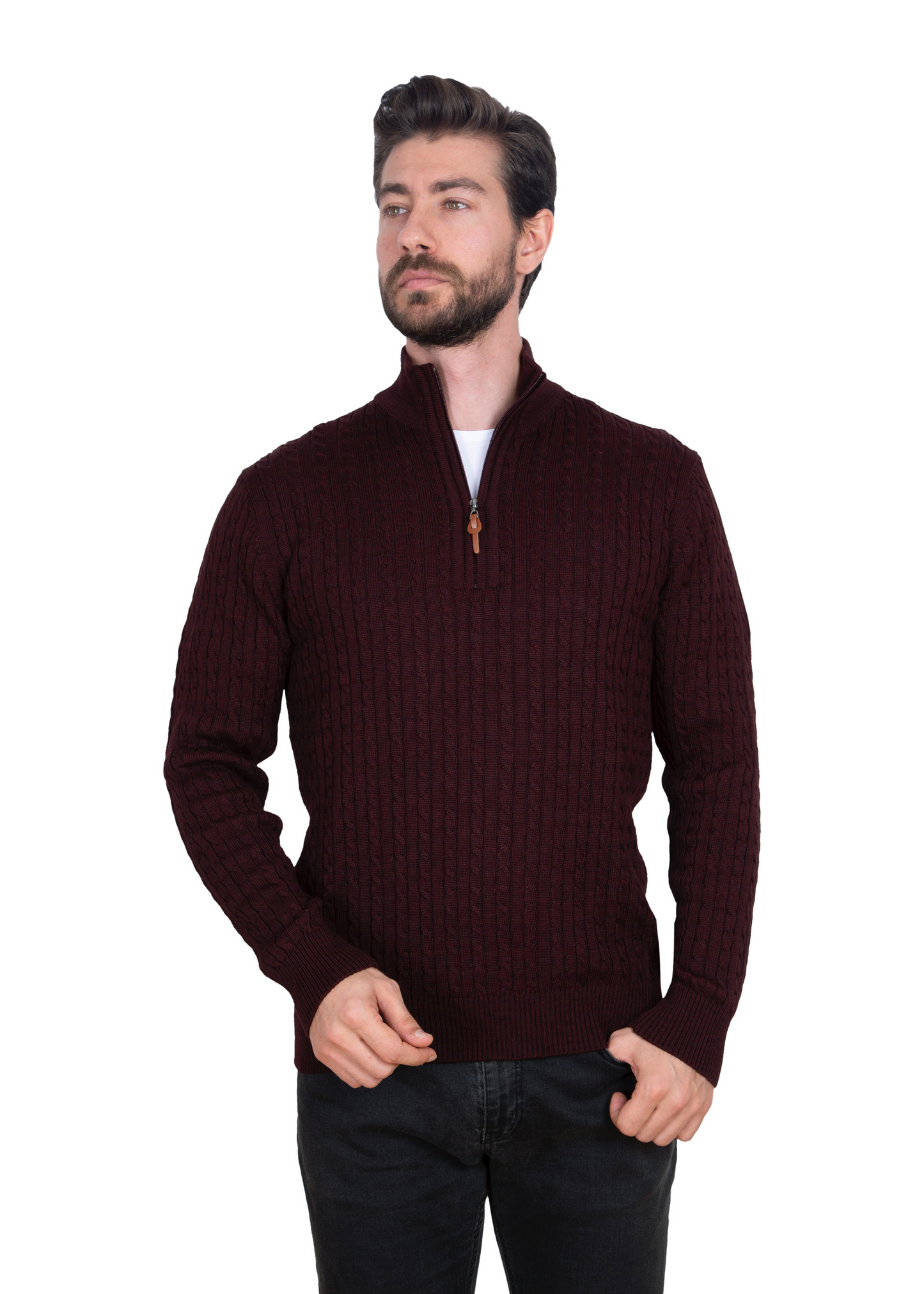 Men's Maroon Brown Mildura Wool Cable Knit Quarter-Zip Jumper