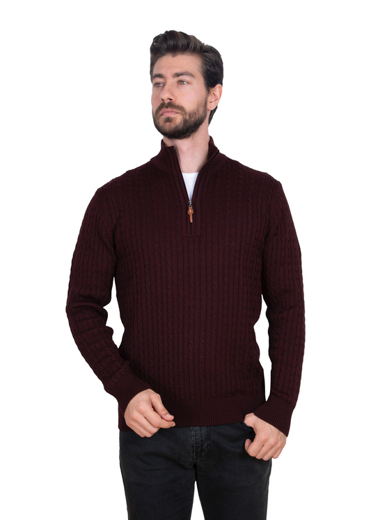 Men's Maroon Brown Mildura Wool Cable Knit Quarter-Zip Jumper