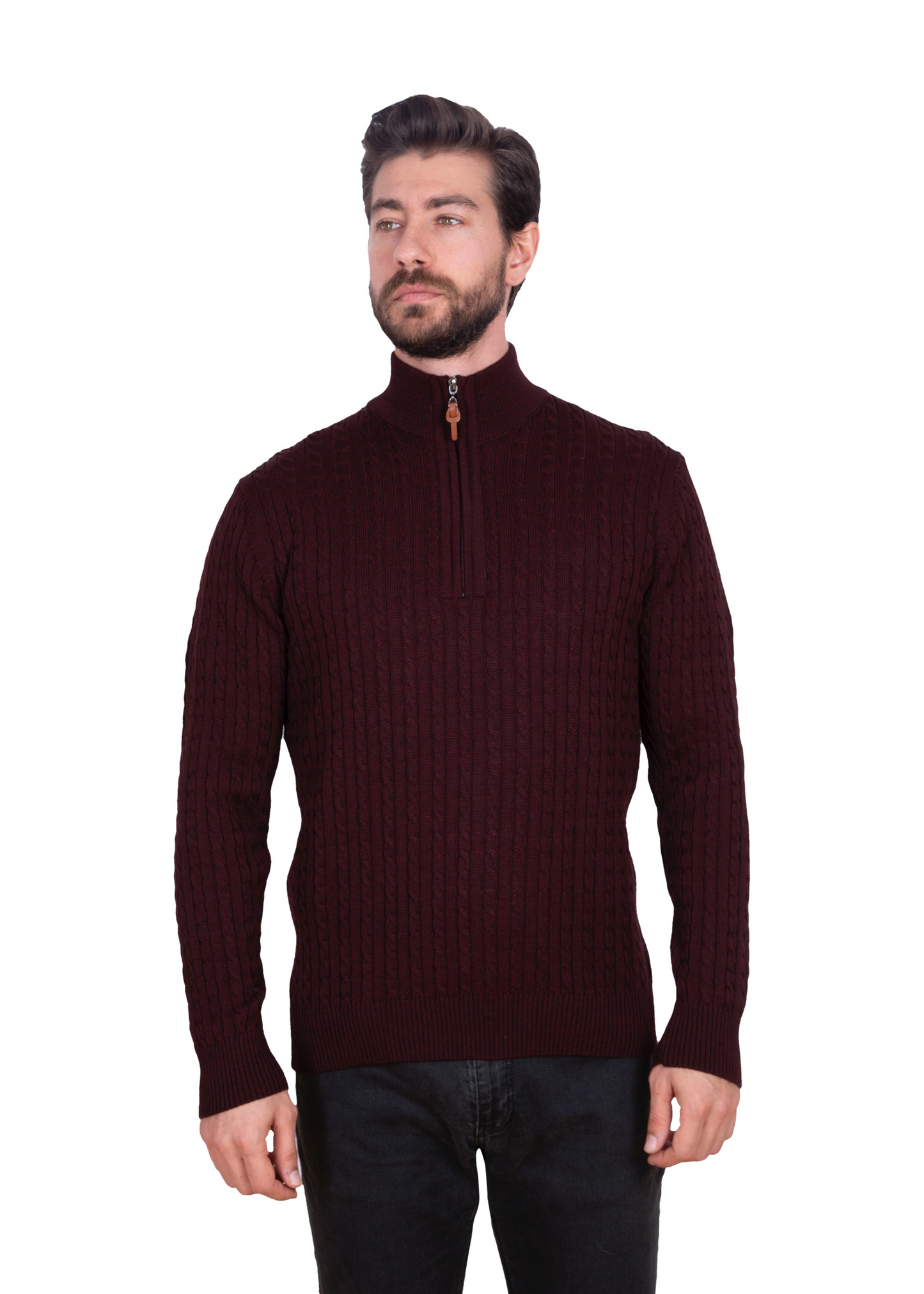 Men's Maroon Brown Mildura Wool Cable Knit Quarter-Zip Jumper