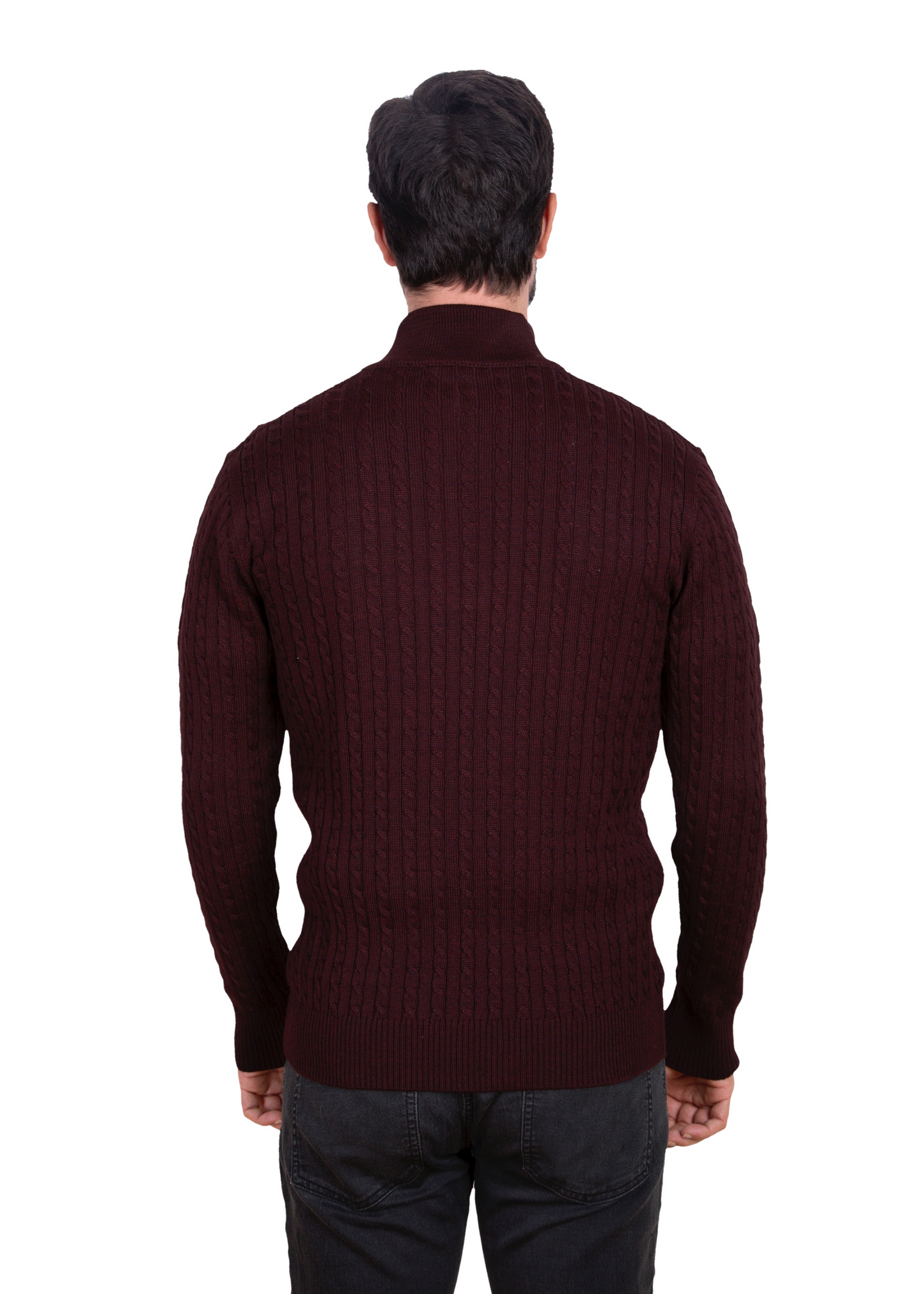 Men's Maroon Brown Mildura Wool Cable Knit Quarter-Zip Jumper