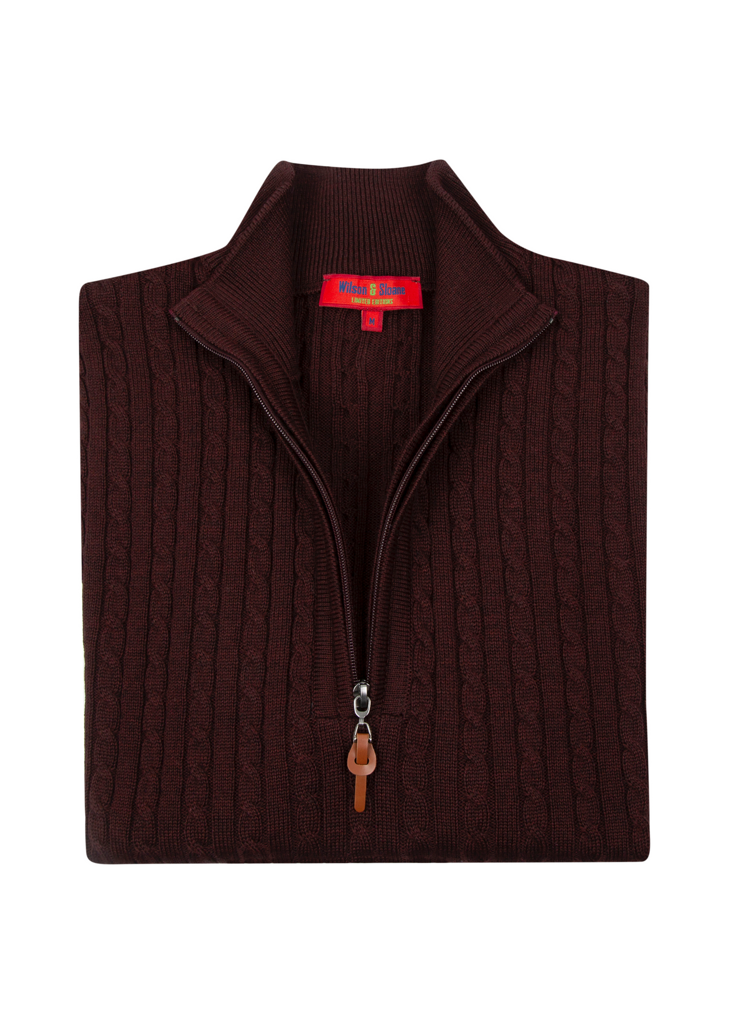 Men's Maroon Brown Mildura Wool Cable Knit Quarter-Zip Jumper