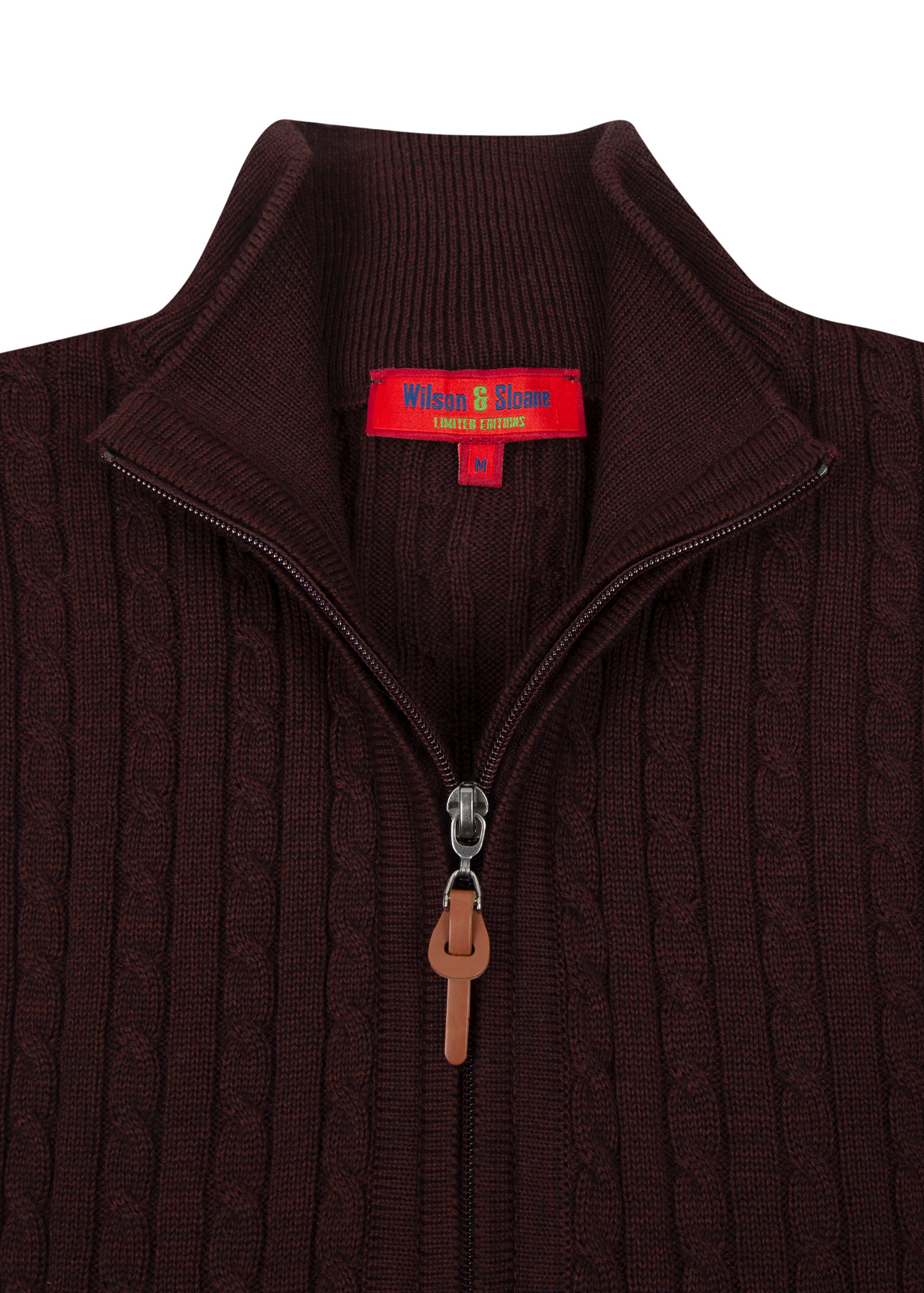 Men's Maroon Brown Mildura Wool Cable Knit Quarter-Zip Jumper