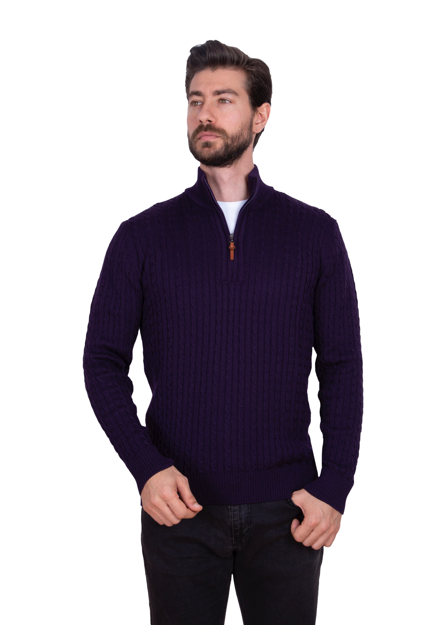 Men's Claret Red Mildura Wool Cable Knit Quarter-Zip Jumper