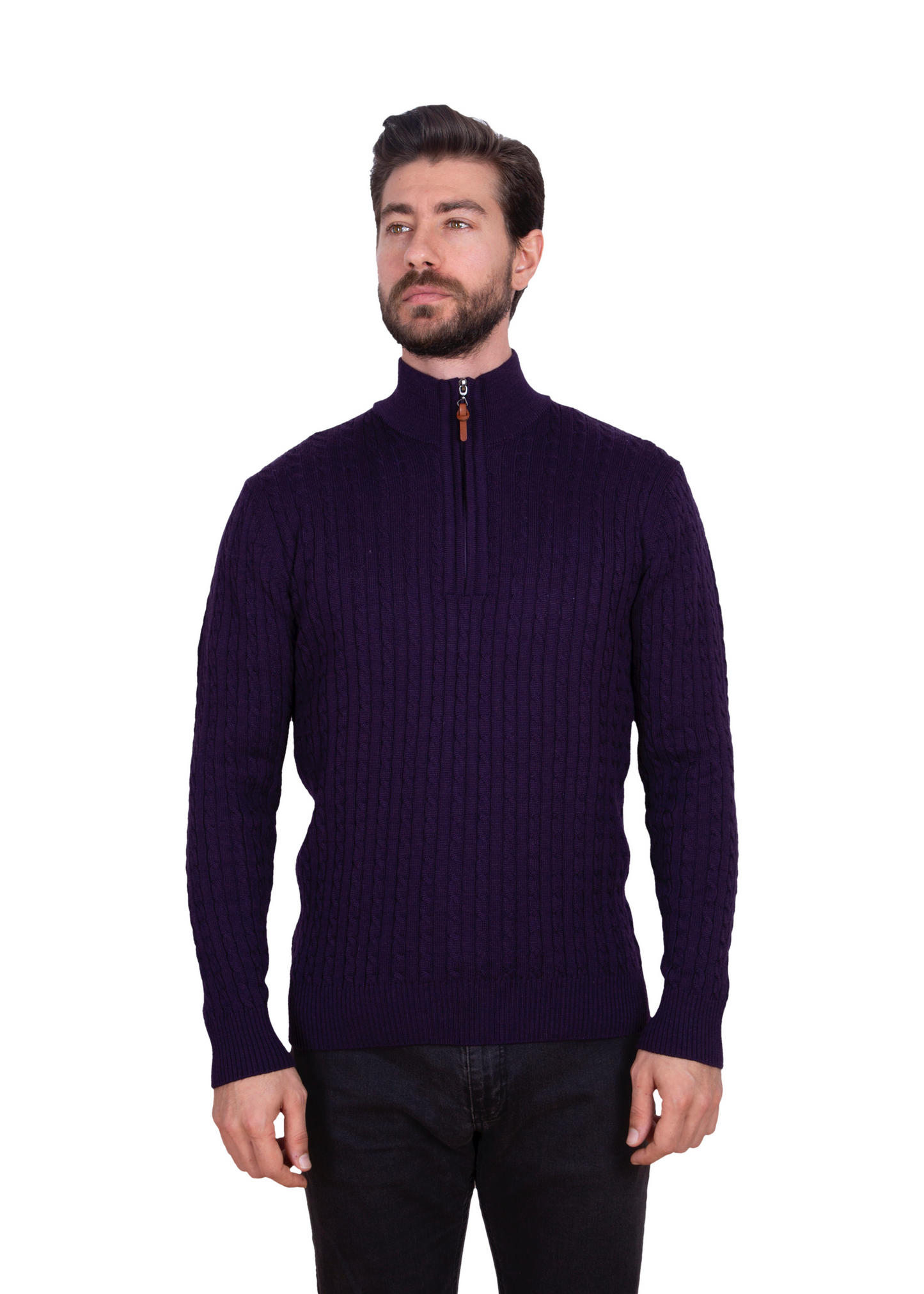 Men's Claret Red Mildura Wool Cable Knit Quarter-Zip Jumper