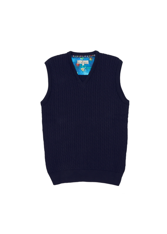 Men's 100% Cotton Navy Cable Knit Slipover | Classic Fit Sleeveless V Neck Jumper