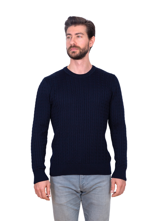 Men's Navy Blue Mildura Wool Cable Knit Crew Neck Jumper