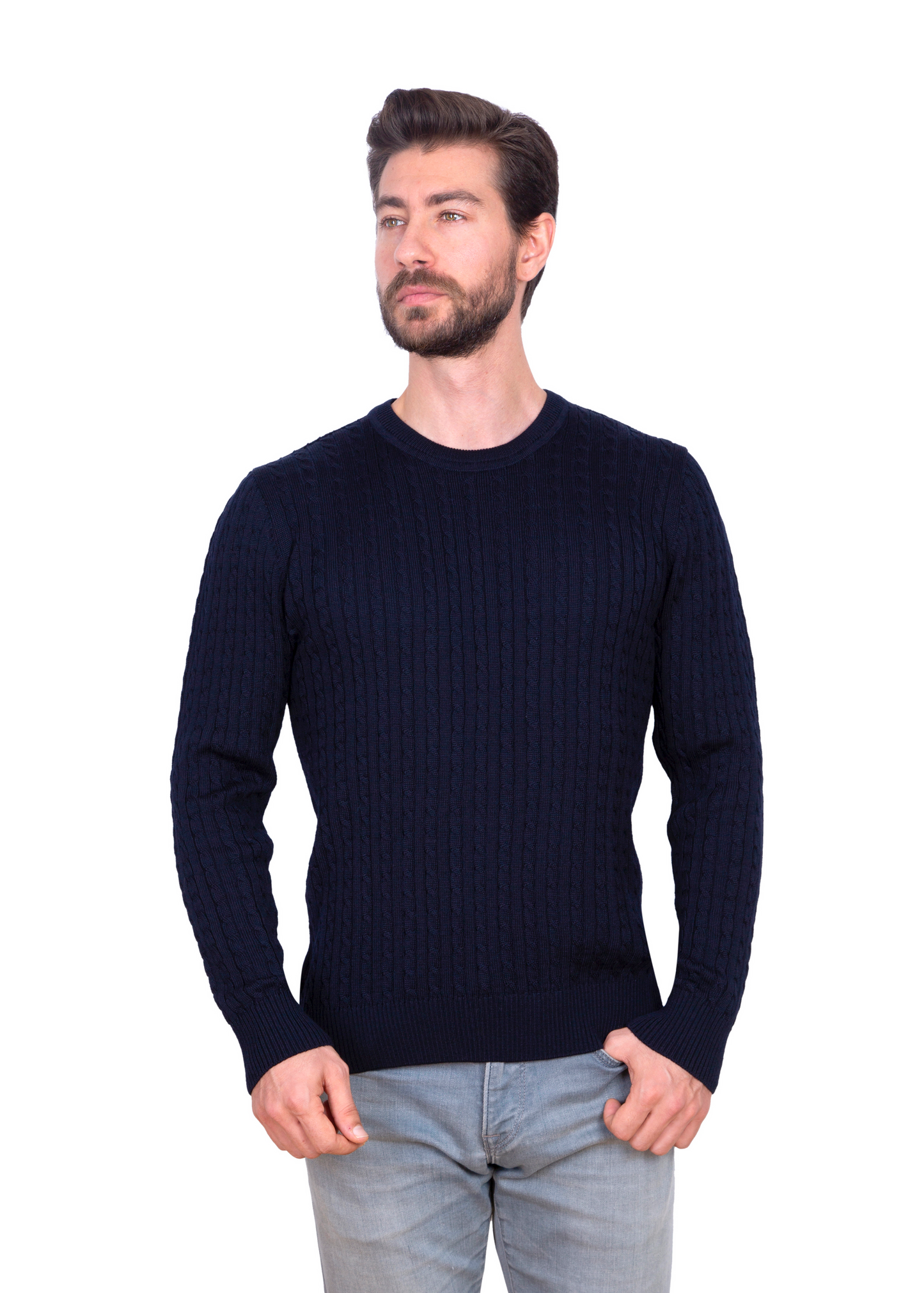 Men's Navy Blue Mildura Wool Cable Knit Crew Neck Jumper