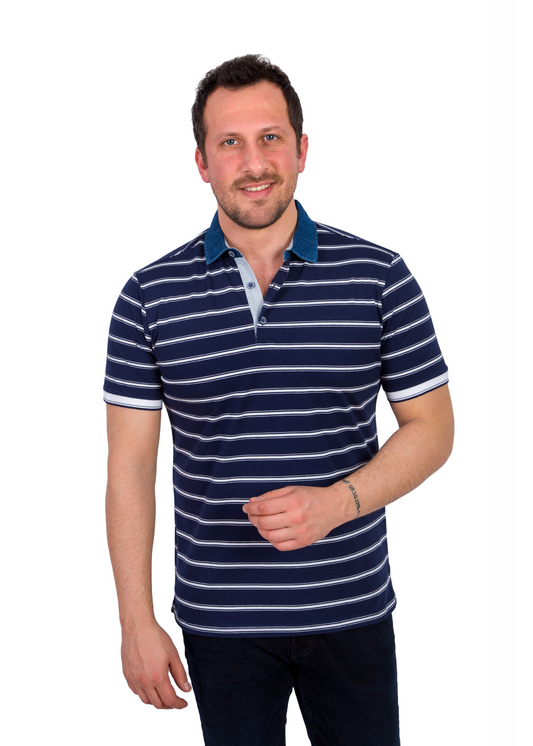Mens Blue and White Thin Striped Polo Shirt