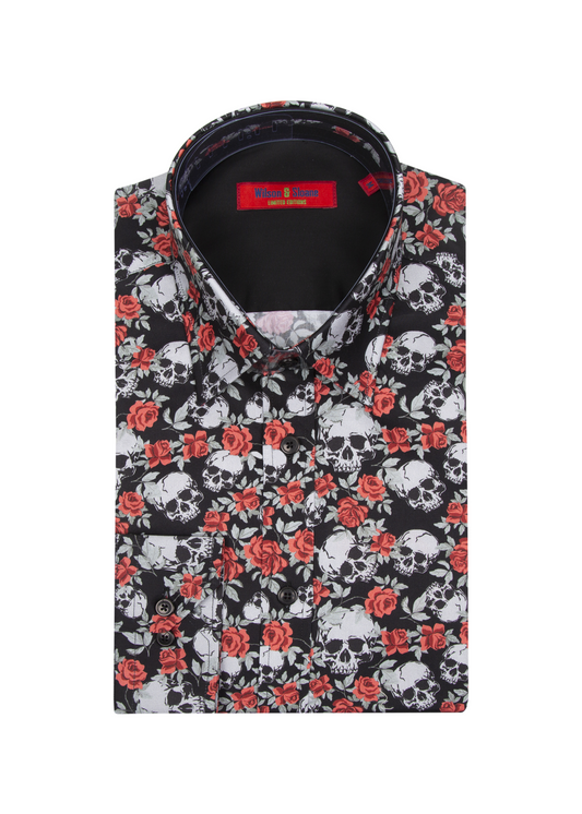 Mens Skull Dress Shirt | Black & Rose Skull Print