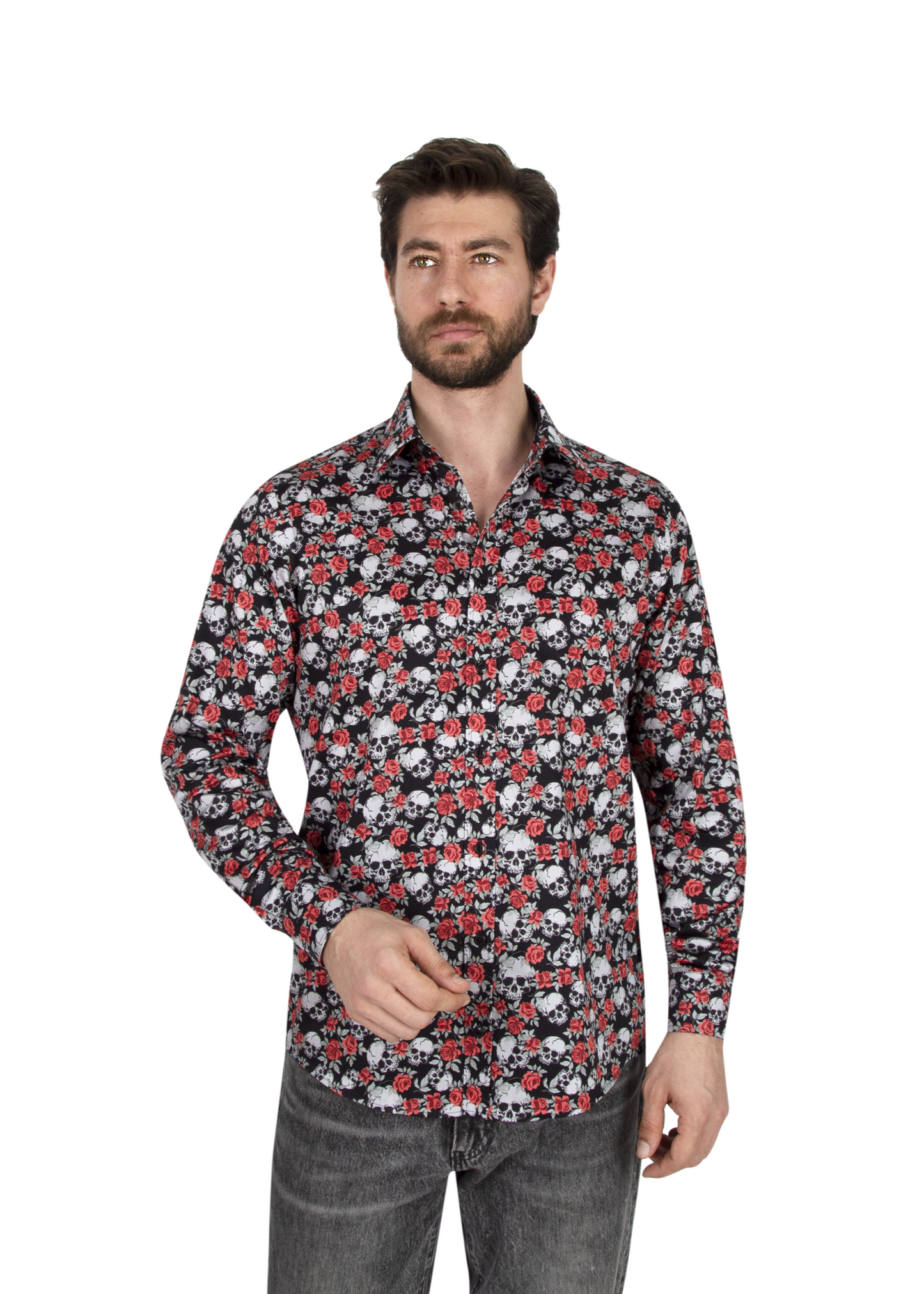 Mens Skull Dress Shirt | Black & Rose Skull Print