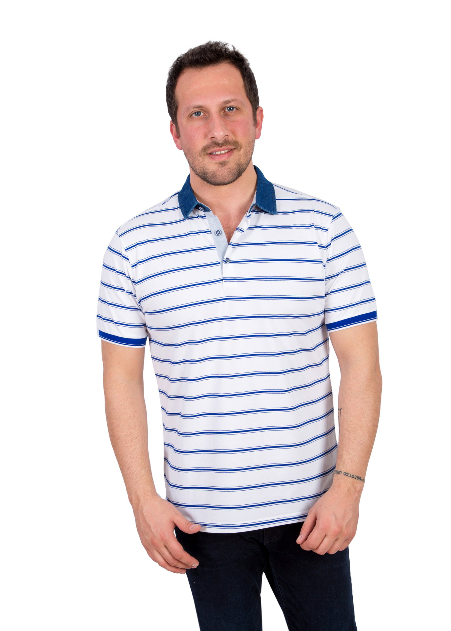 Mens White and Blue Thin Striped Polo Shirt
