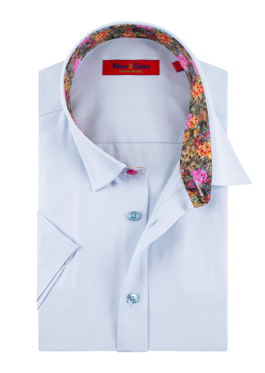 High Quality Men's Short Sleeve Sky Blue Shirt with Lining Detail