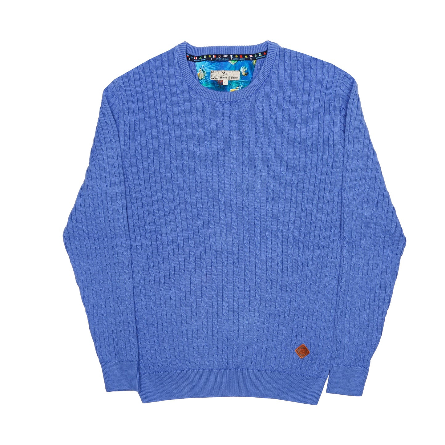 Men's 100% Cotton Indigo Cable Knit Crew Neck Jumper