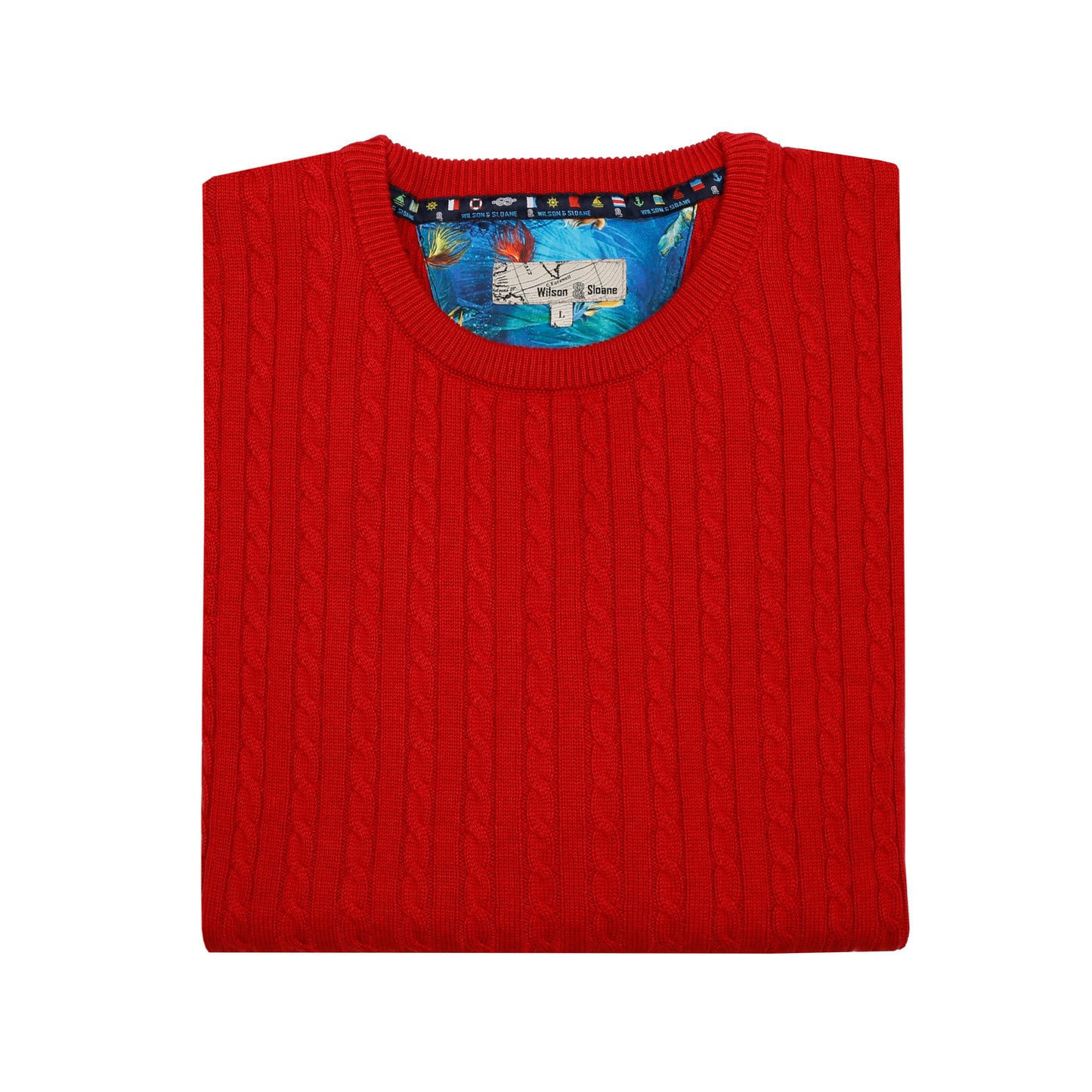 Men's 100% Cotton Red Cable Knit Crew Neck Jumper