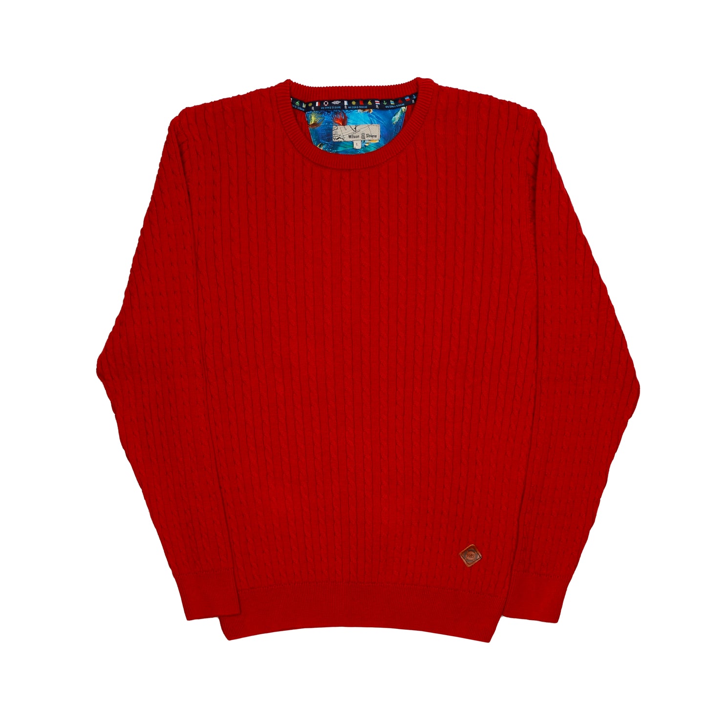 Men's 100% Cotton Red Cable Knit Crew Neck Jumper