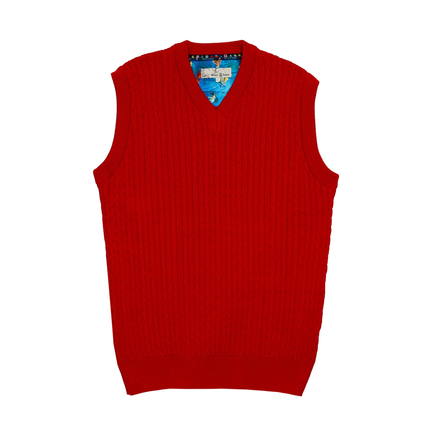 Men's 100% Cotton Red Cable Knit Slipover | Classic Fit Sleeveless V Neck Jumper