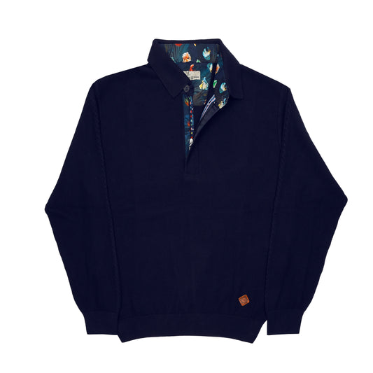 Navy Knitted Long Sleeve Polo Shirt | Hitch Cotton