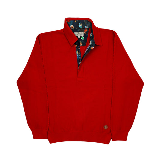 Red Knitted Long Sleeve Polo Shirt | Hitch Cotton